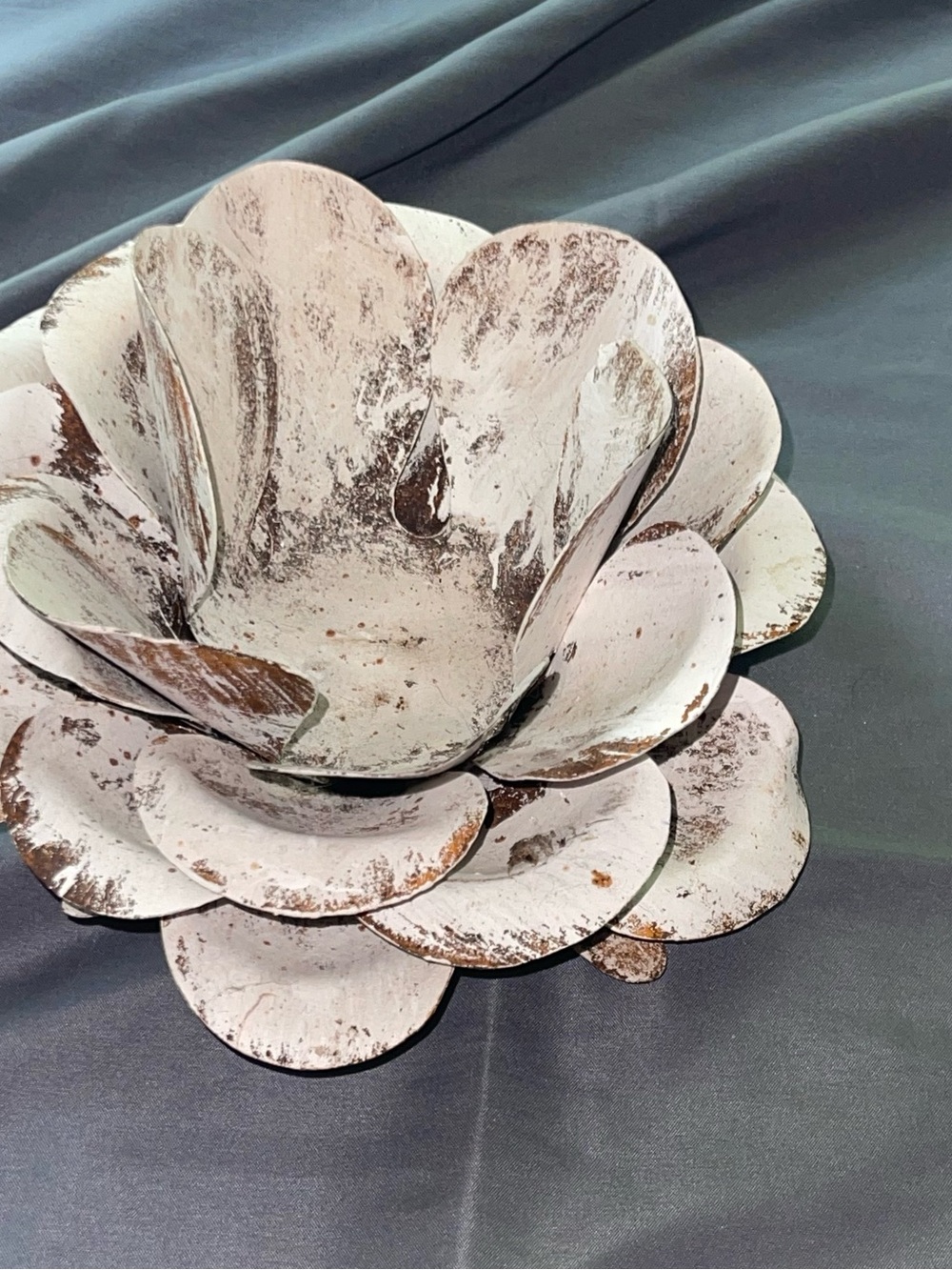 Rustic White Distressed Metal Flower Sculpture Bowl - Home Art